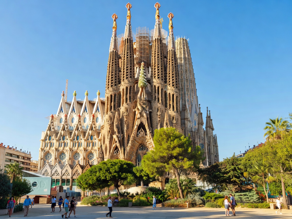 Gaudis Sagrada Familia cathedral in Barcelona Spain under bright Mediterranean sun
