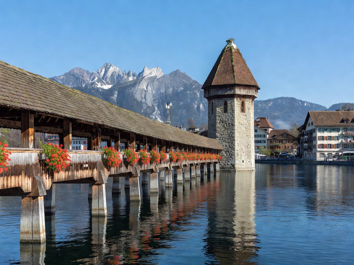 Historic Chapel Bridge in Lucerne Switzerland with Mt Pilatus in background