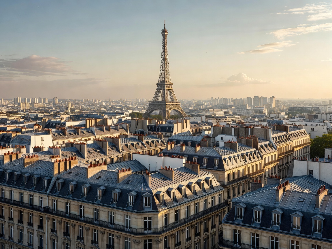 Parisian skyline with classic Hausmannian rooftops and Eiffel Tower in France