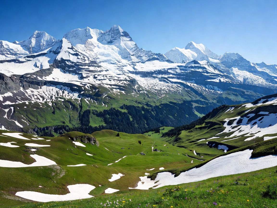 Snow covered Swiss Alps and green alpine meadows in Bernese Oberland Switzerland