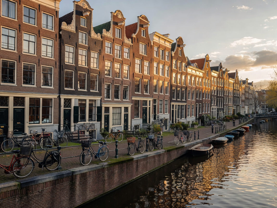Traditional Dutch canal houses and bicycles parked along canal in Amsterdam Netherlands